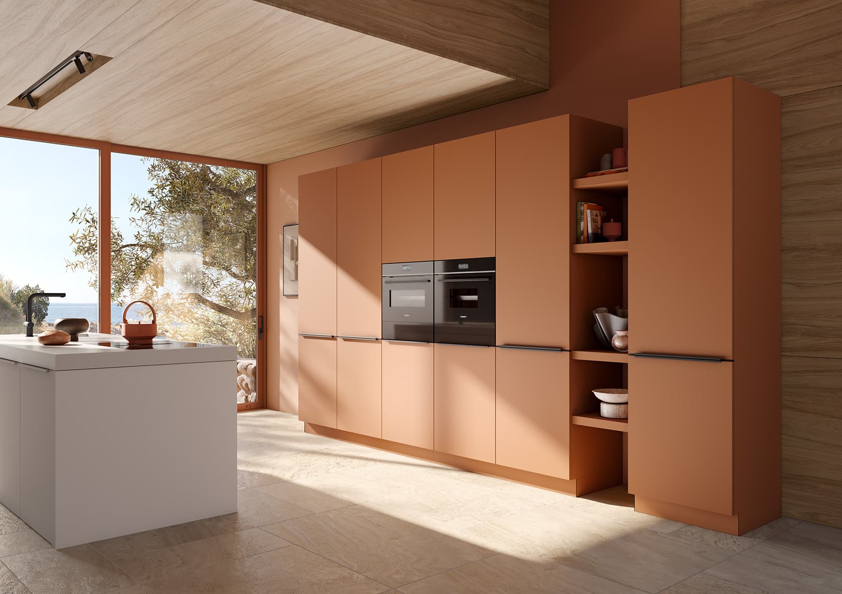 German Hacker Systemat kitchen in warm terracotta finish.